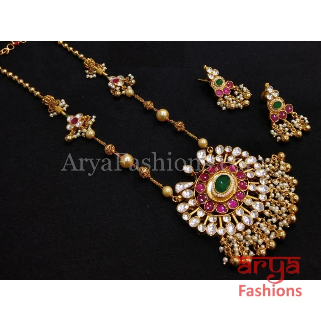 Long Kundan Necklace with Ruby and Emerald Beads work