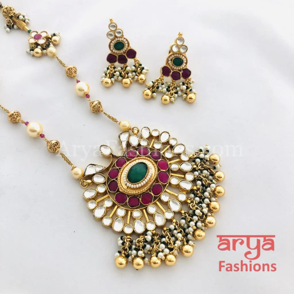 Long Kundan Necklace with Ruby and Emerald Beads work