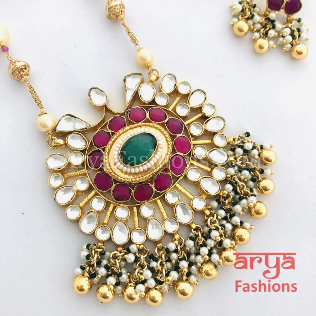 Long Kundan Necklace with Ruby and Emerald Beads work