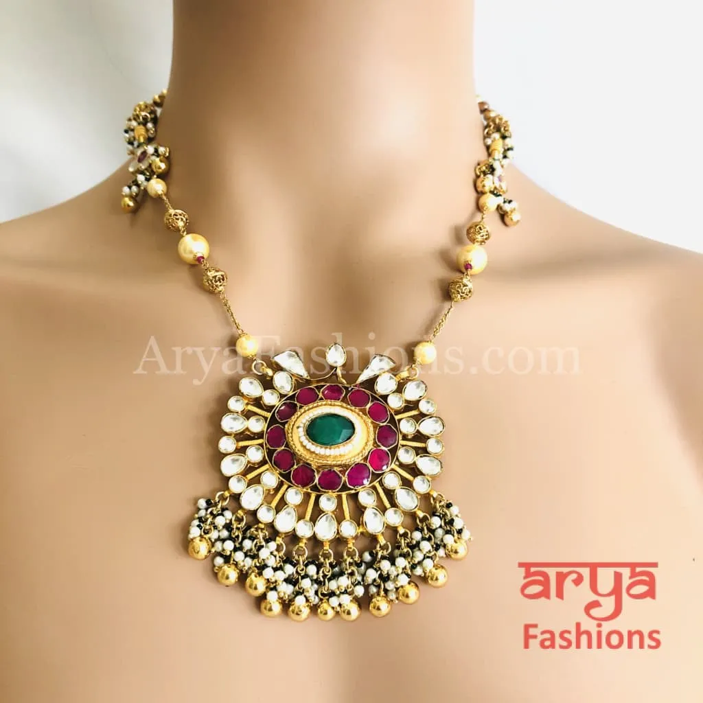 Long Kundan Necklace with Ruby and Emerald Beads work