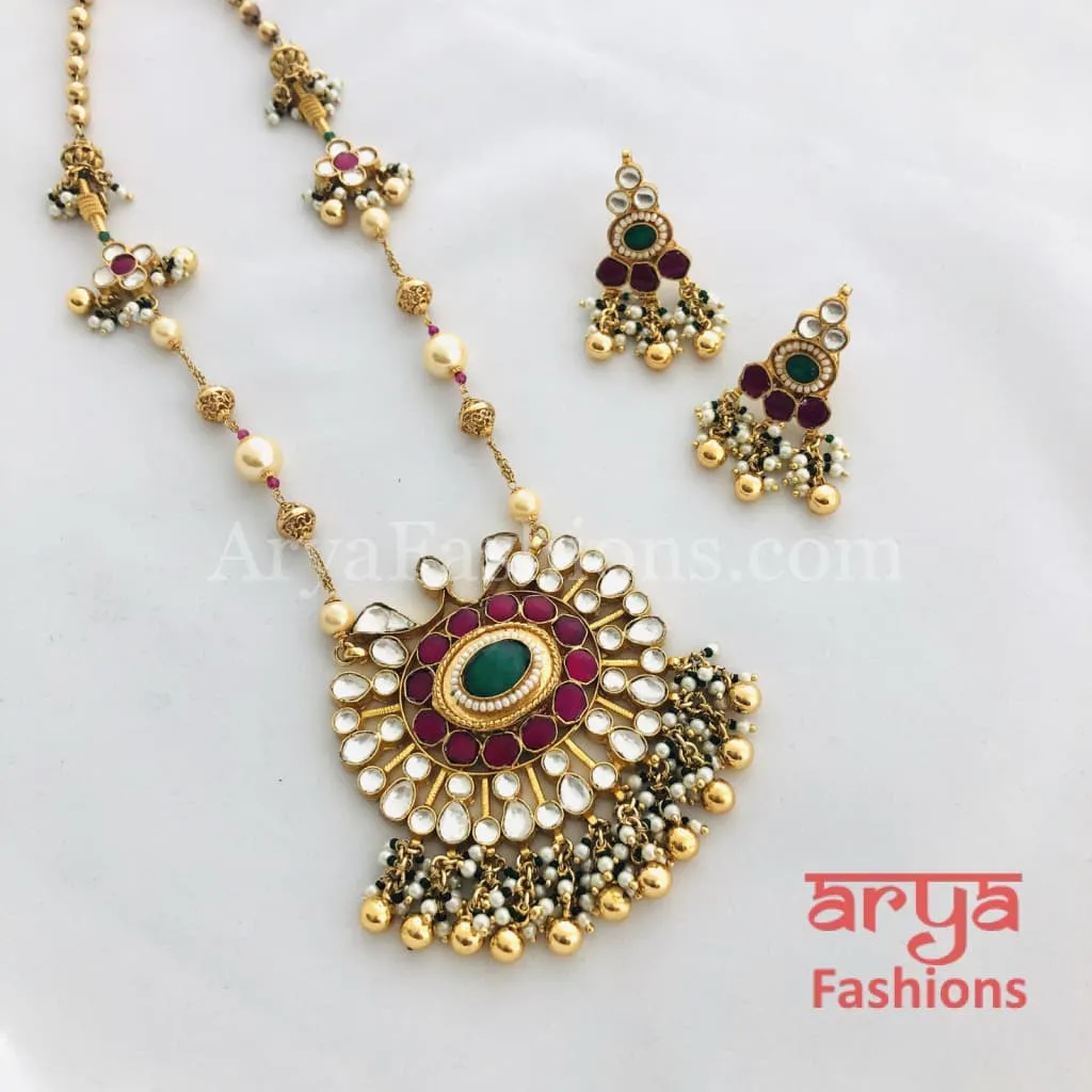 Long Kundan Necklace with Ruby and Emerald Beads work