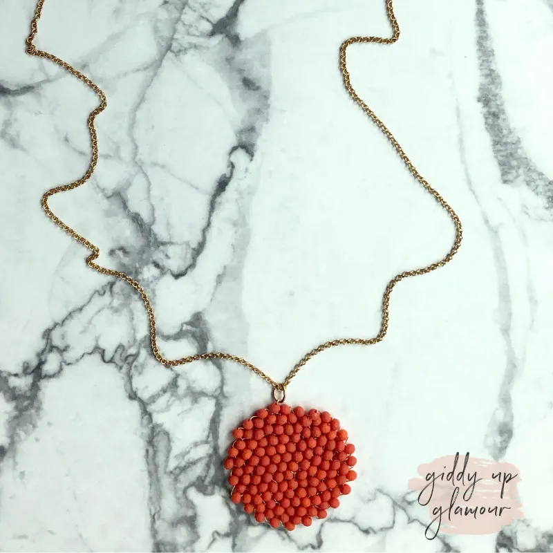 Long Necklace with Cluster Pendant in Coral Orange