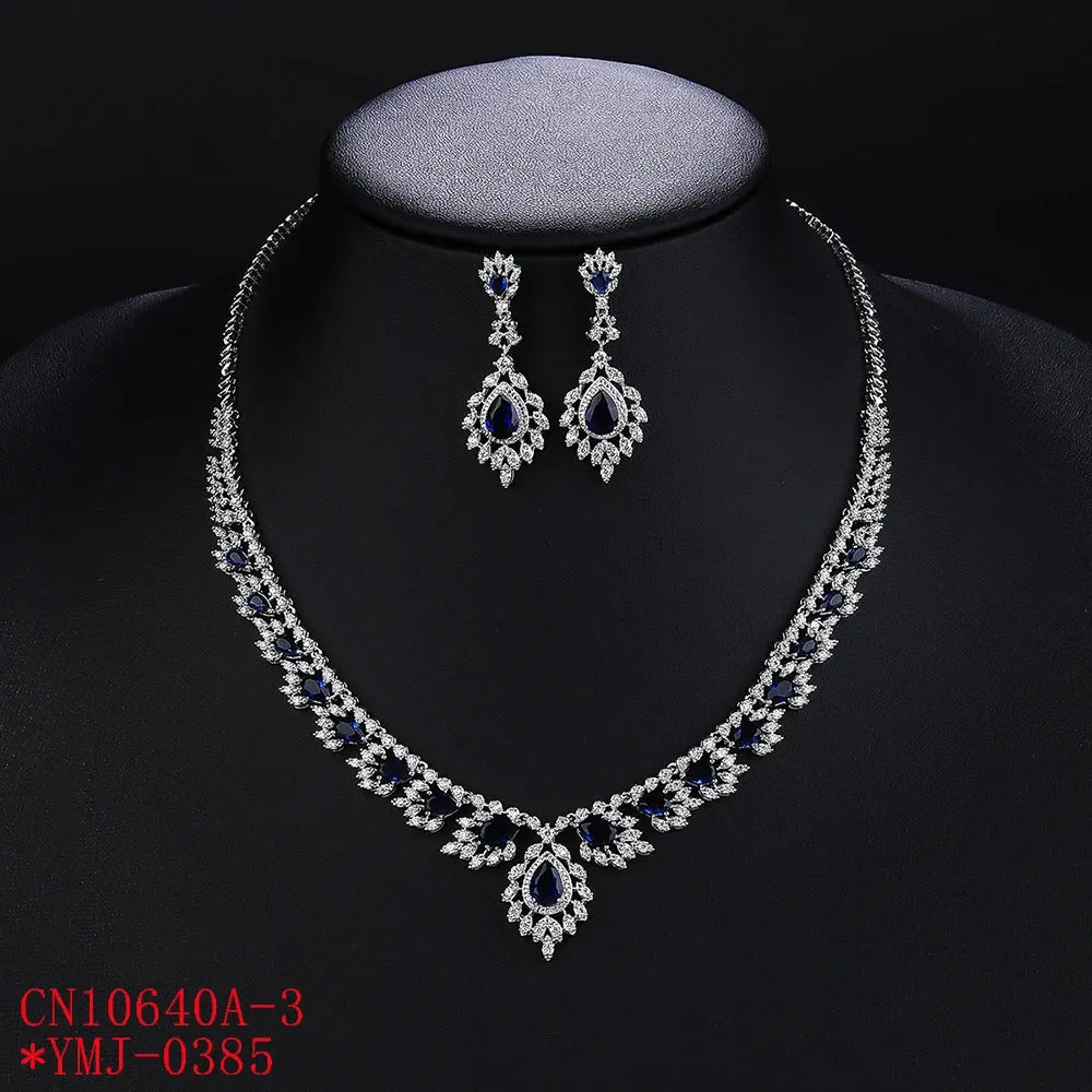 Luxury 4 Colors CZ Cubic Zircon Dangle Drop Wedding Bouquet Necklace and Earrings Sets Bridal Jewelry Dress Accessories CN10640