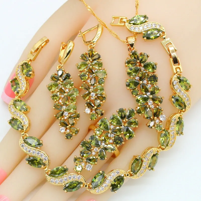 Luxury Green Peridot Gold Plated Jewelry Sets for Women Earrings Necklace Pendant Ring Bracelet Christmas Birthday Gift