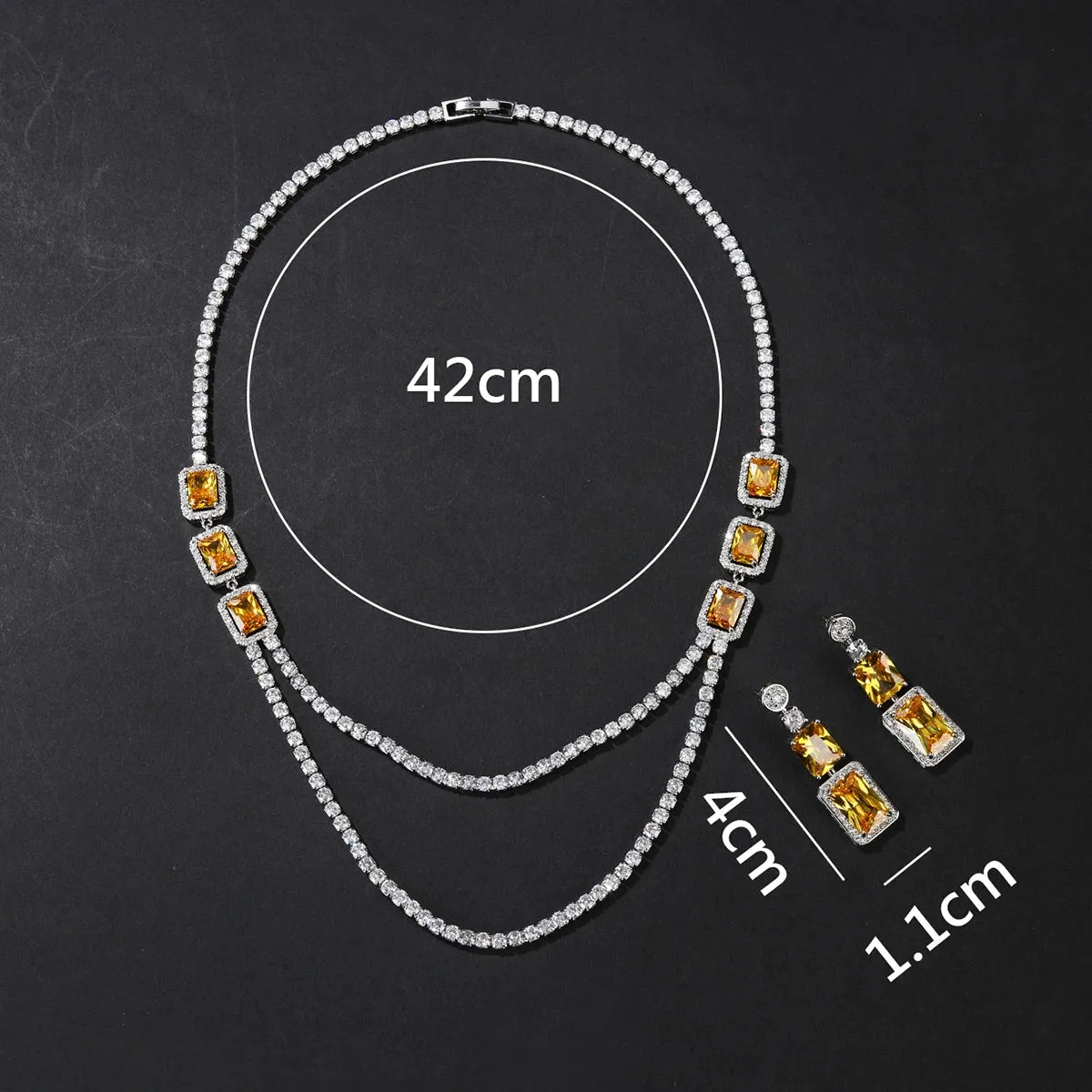 Luxury Green ,Yellow Square Cubic Zircon Double Layered Necklace Earrings Set Wedding Bridal Jewelry Dress Accessories CN10535