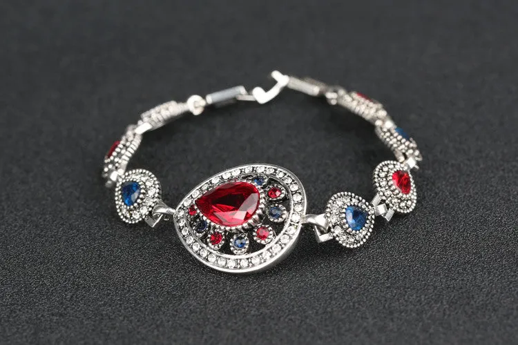 Luxury Indian Jewelry 925 Sterling Silver Ruby Bracelets For Women Vintage Look Hollow Out Water Drop White Crystal party Gift