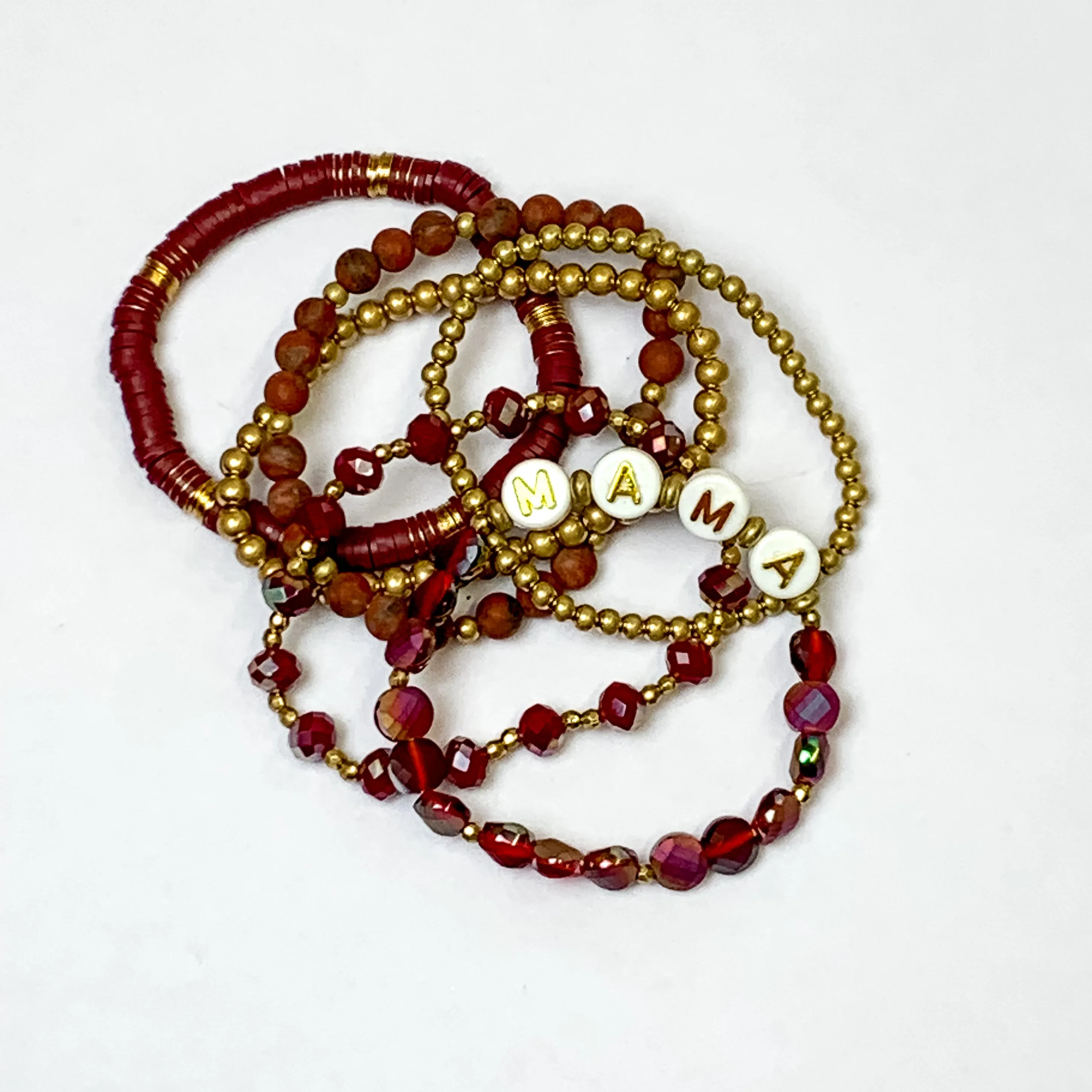 MAMA Disk Beaded Bracelet Set in Maroon and Gold