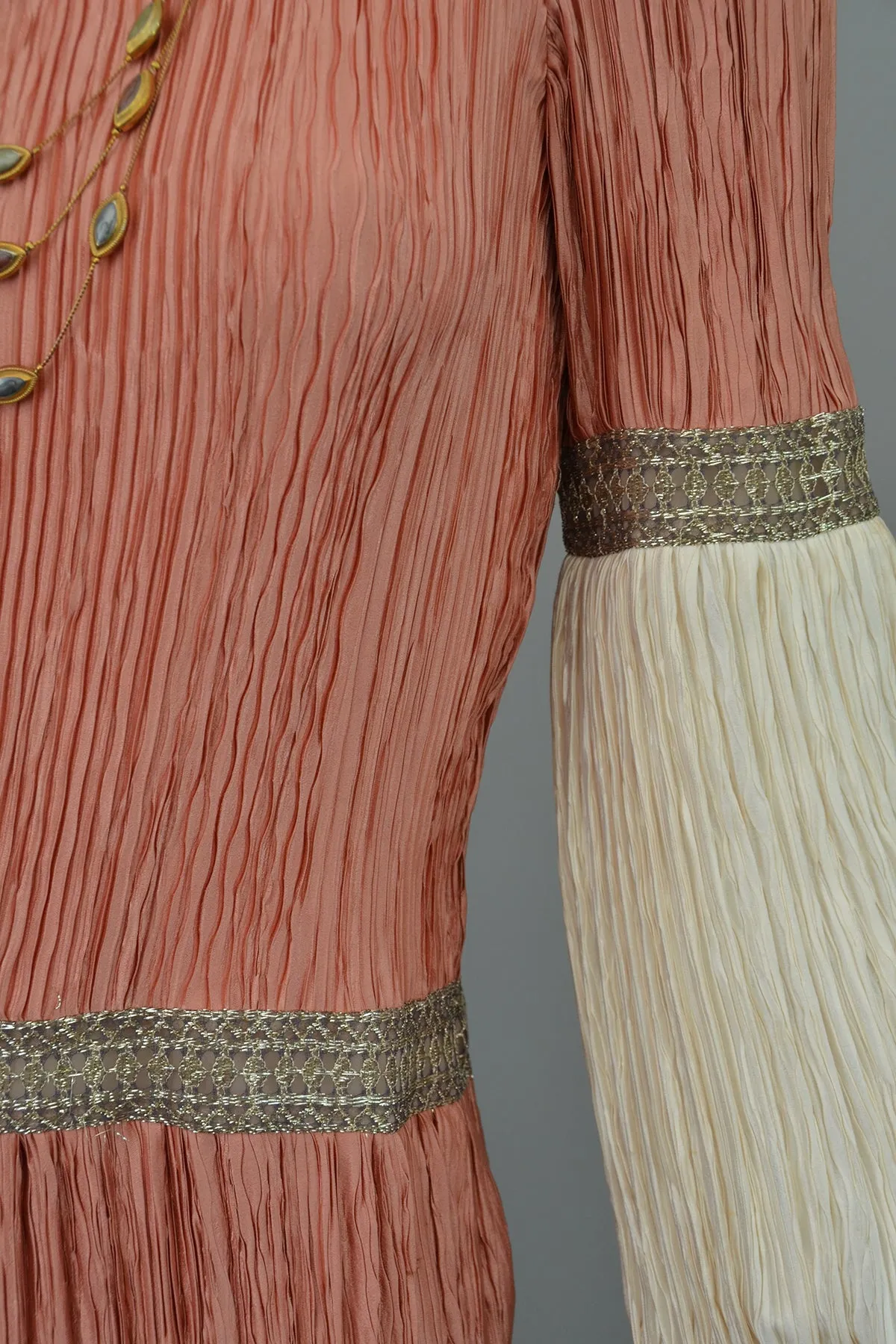 Mary McFadden Coral Cream Fortuny Pleats Bell Sleeve Gown