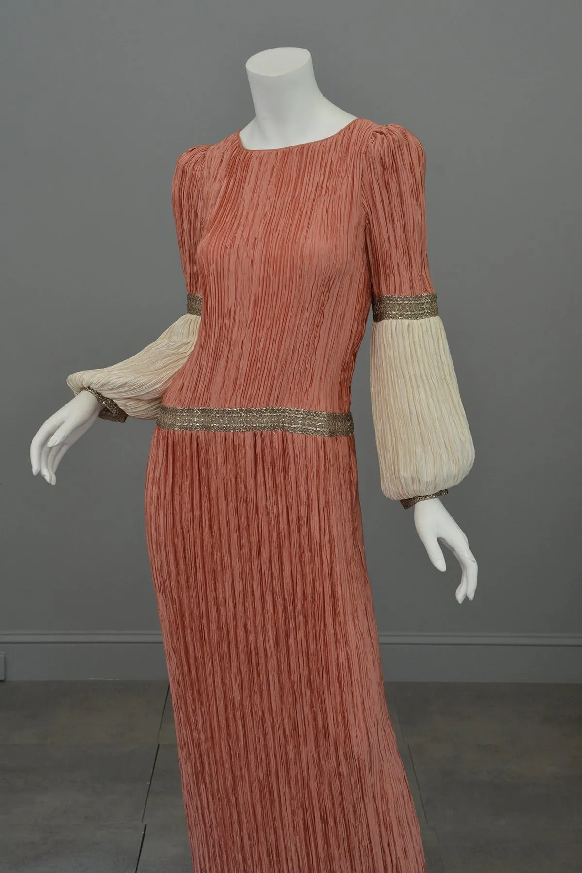 Mary McFadden Coral Cream Fortuny Pleats Bell Sleeve Gown