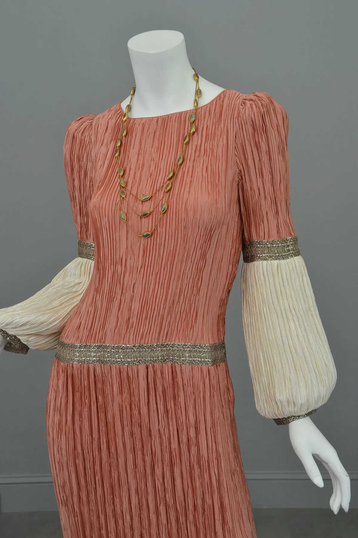 Mary McFadden Coral Cream Fortuny Pleats Bell Sleeve Gown