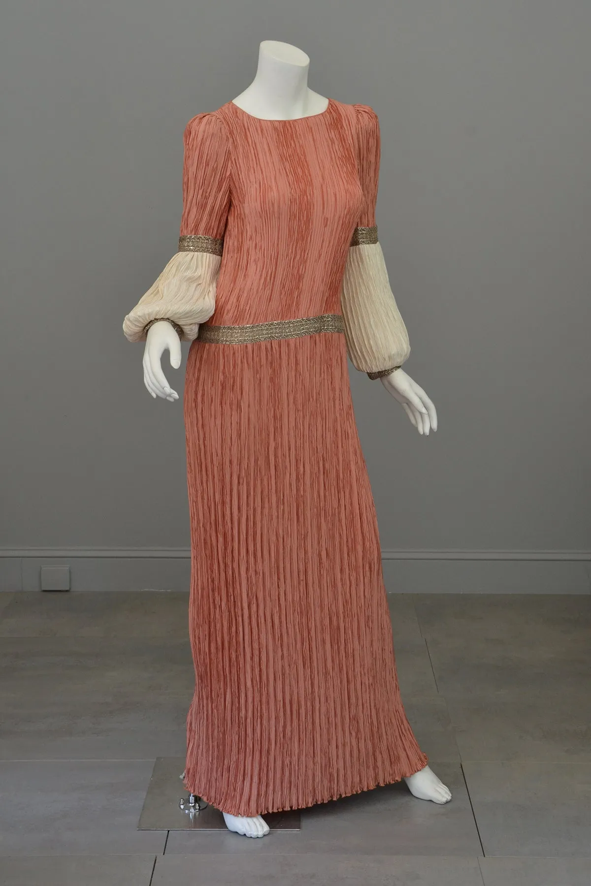 Mary McFadden Coral Cream Fortuny Pleats Bell Sleeve Gown