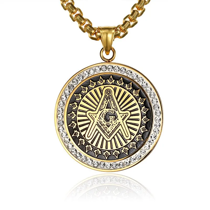 Master Mason Blue Lodge Pendant - Square and Compass Round Gold zircon