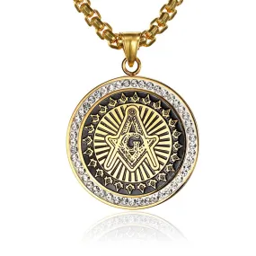 Master Mason Blue Lodge Pendant - Square and Compass Round Gold zircon