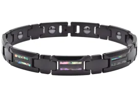 Mens Black Tungsten Link Bracelet With Opal Inlay