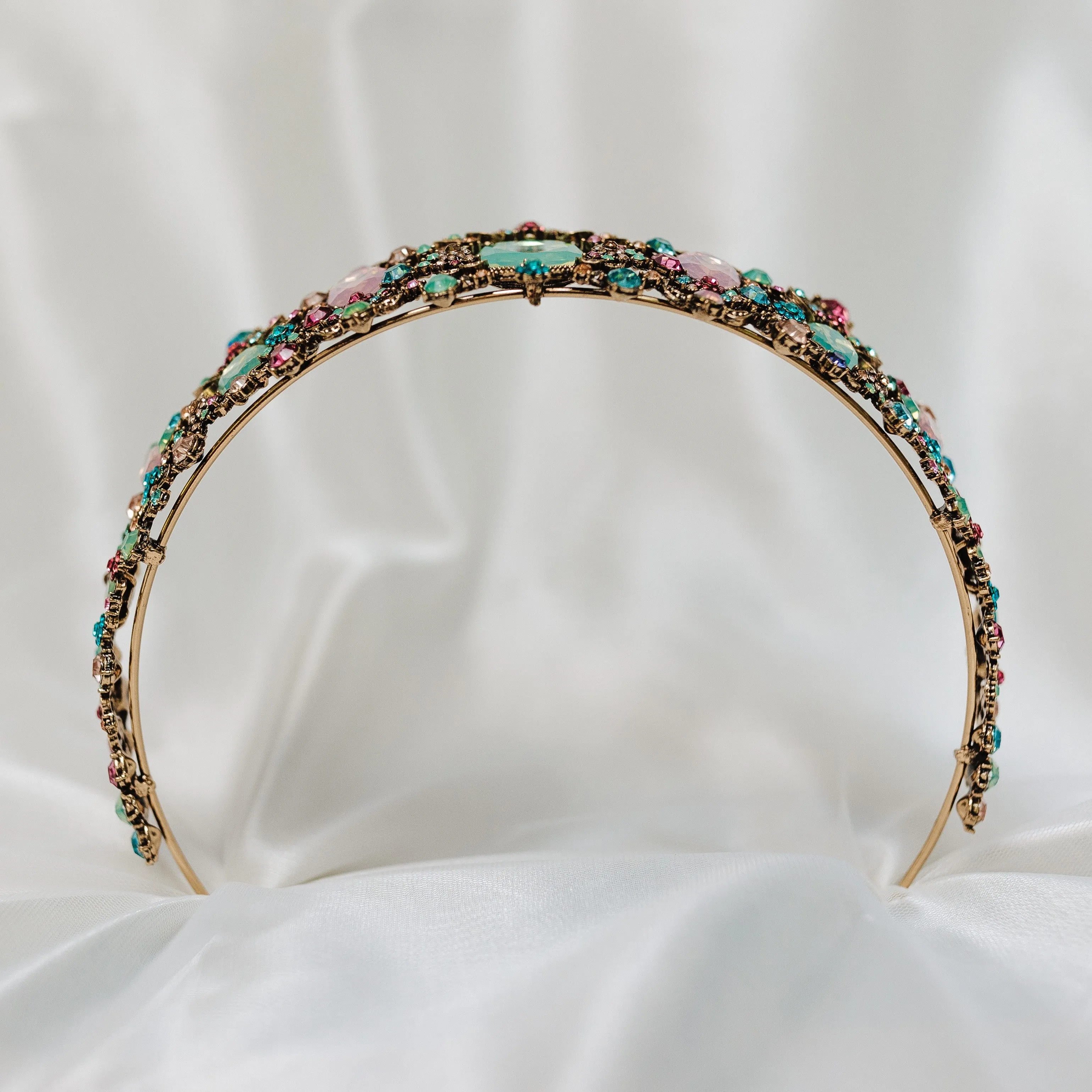 Michelle's Tiara in Antique Gold, Pink and Blue Color Crystals