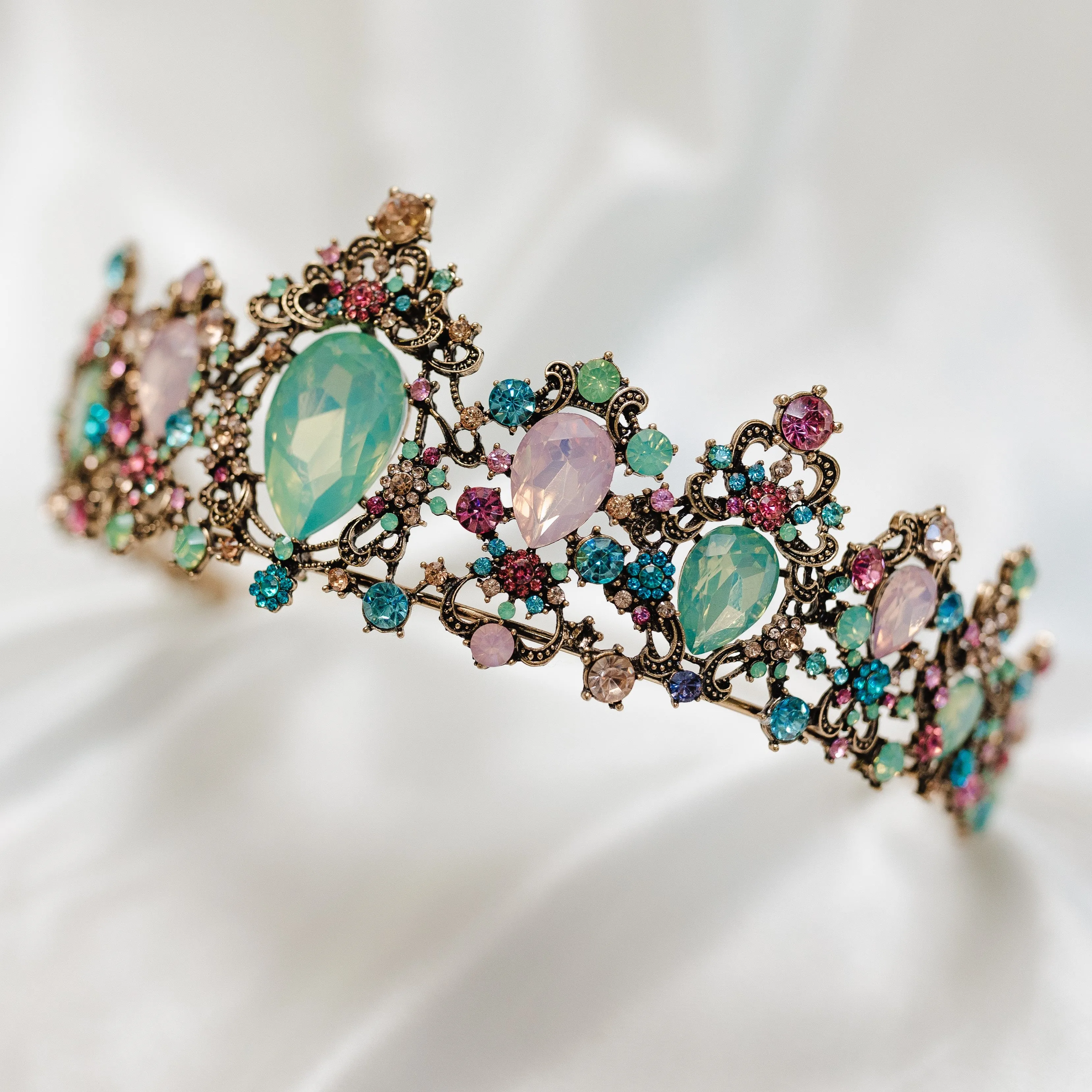 Michelle's Tiara in Antique Gold, Pink and Blue Color Crystals