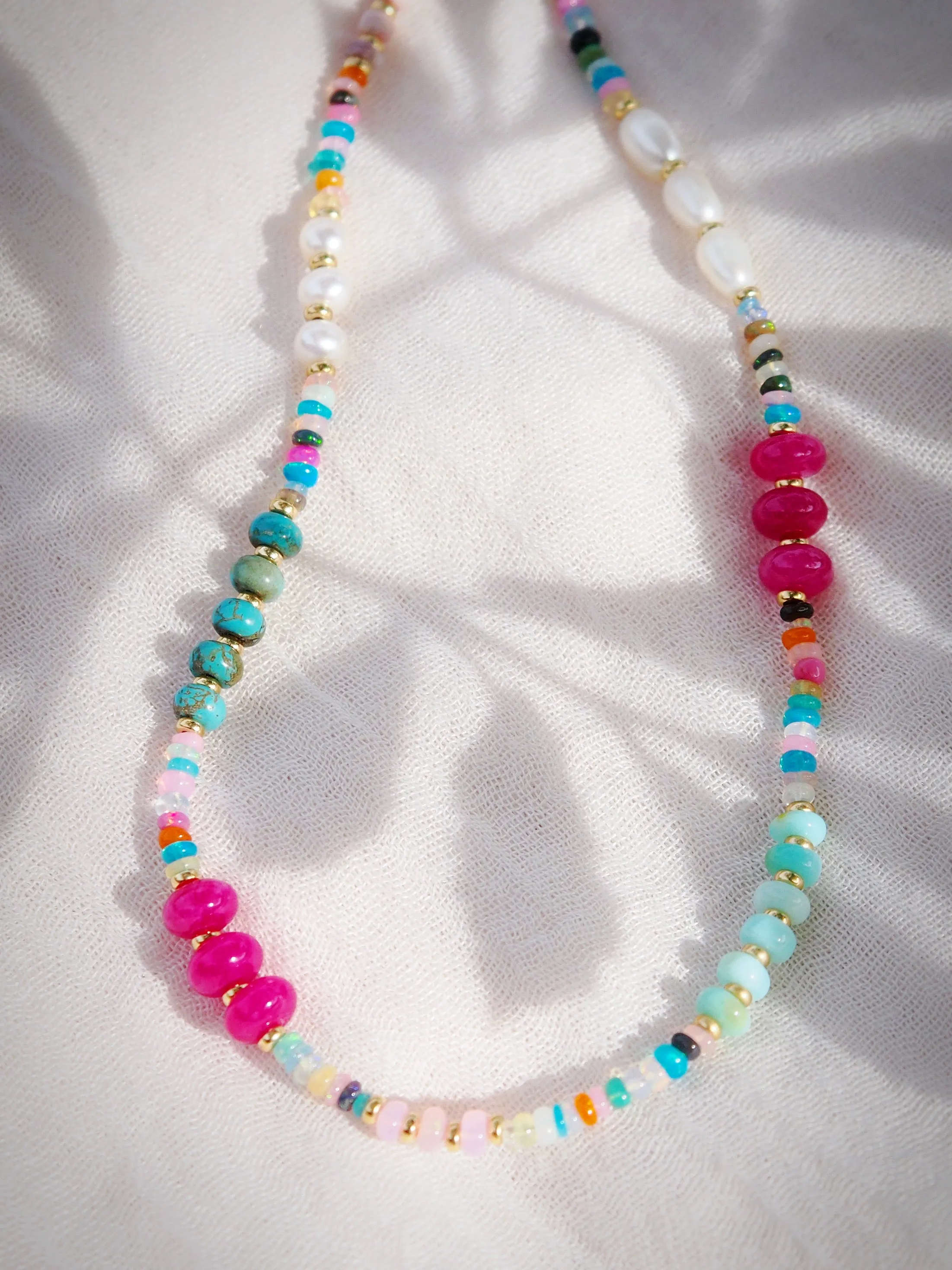 Mixed Rainbow Gemstone and Pearl Necklace - Kainui