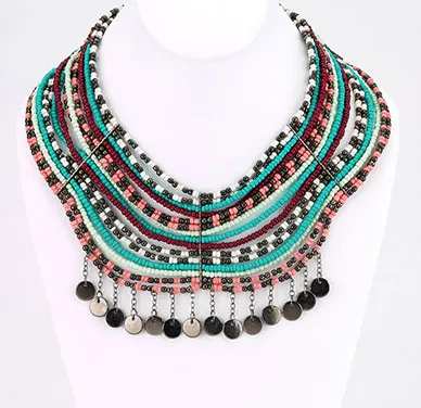 Multi Strand Beaded Bib Necklace - Coral