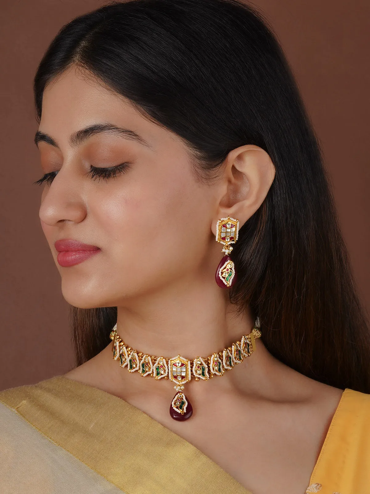 Multicolor Gold Plated Jadau Kundan Necklace Set - MS2346M