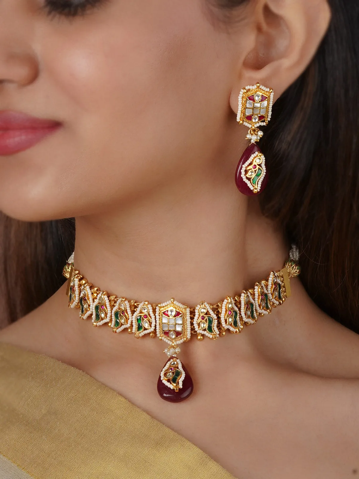 Multicolor Gold Plated Jadau Kundan Necklace Set - MS2346M