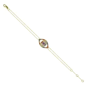 Multicolor Sapphire Evil Eye Design 14k Yellow Gold Chain Bracelet