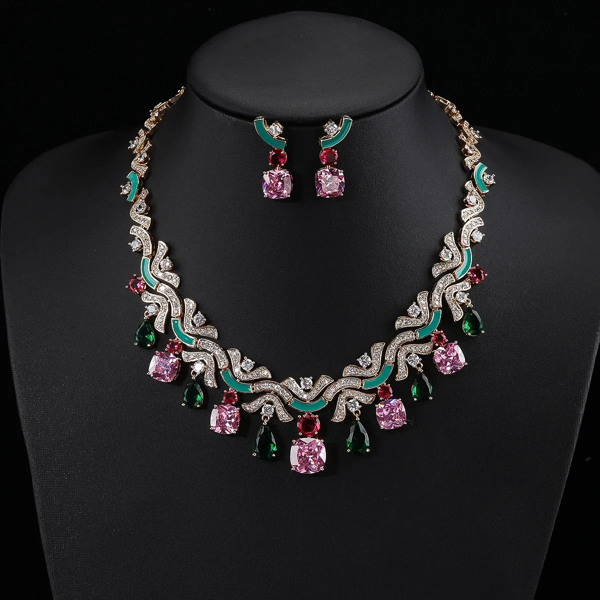 Multicolored Zirconia Necklace and Earring Set, Great Bridal Wedding Jewelry Choice for Women CN10909