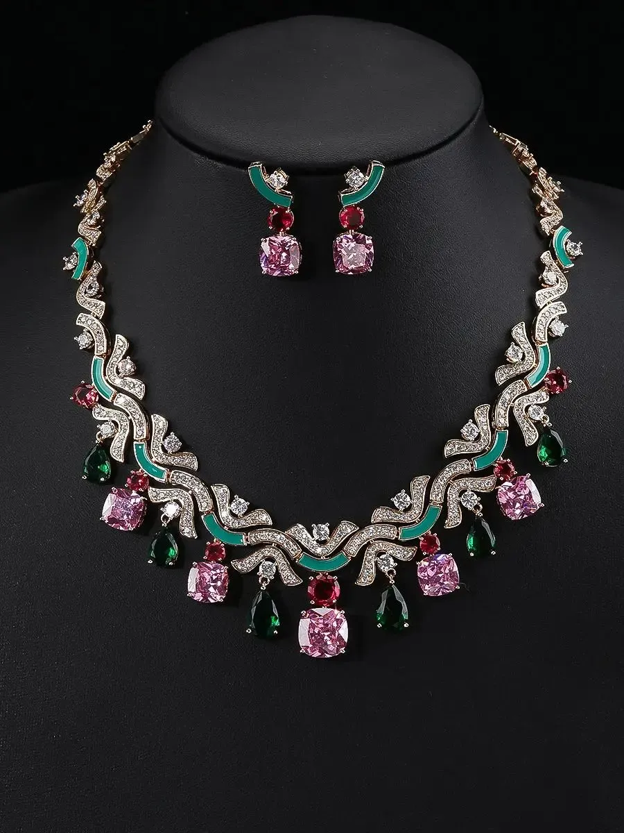 Multicolored Zirconia Necklace and Earring Set, Great Bridal Wedding Jewelry Choice for Women CN10909