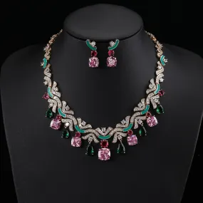 Multicolored Zirconia Necklace and Earring Set, Great Bridal Wedding Jewelry Choice for Women CN10909