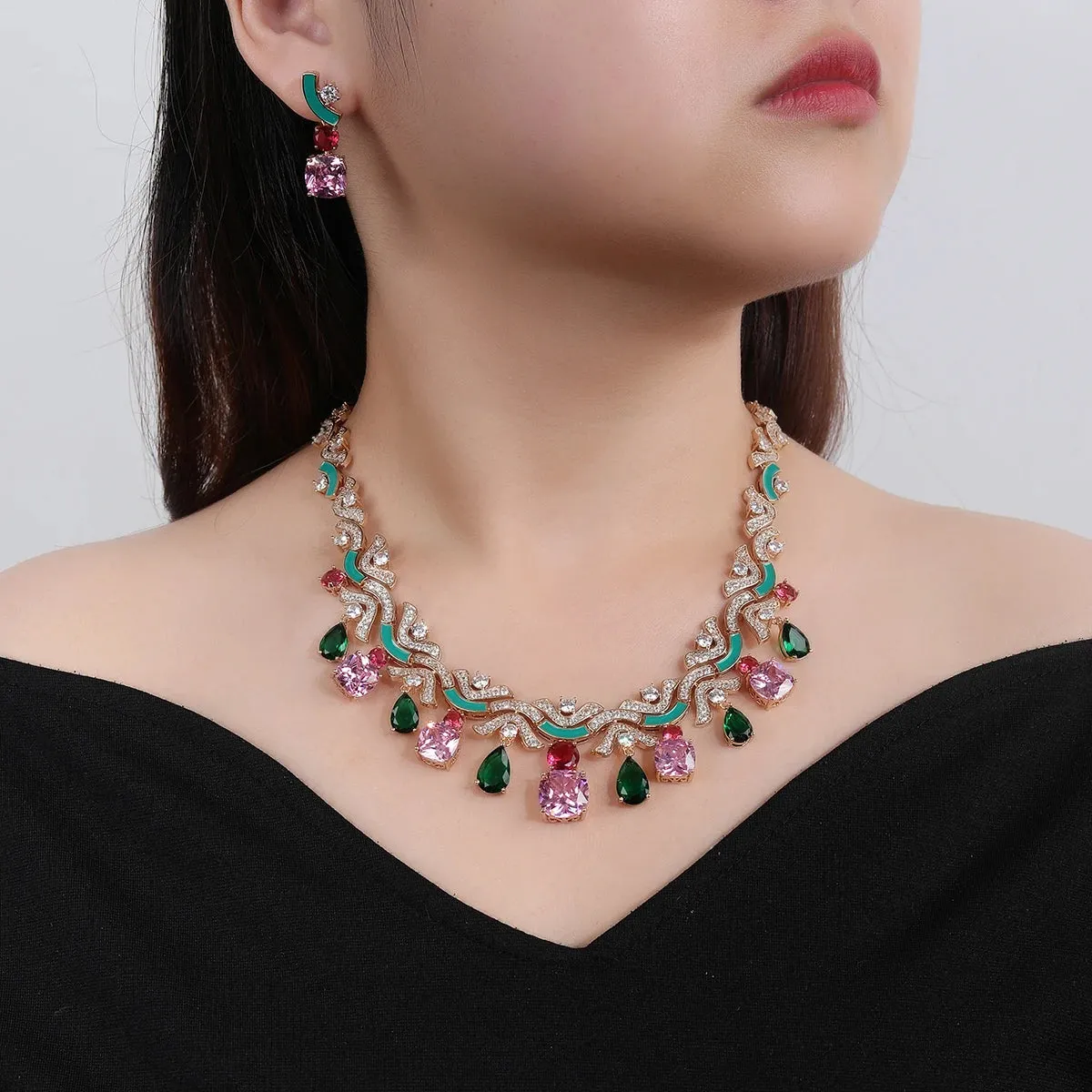 Multicolored Zirconia Necklace and Earring Set, Great Bridal Wedding Jewelry Choice for Women CN10909