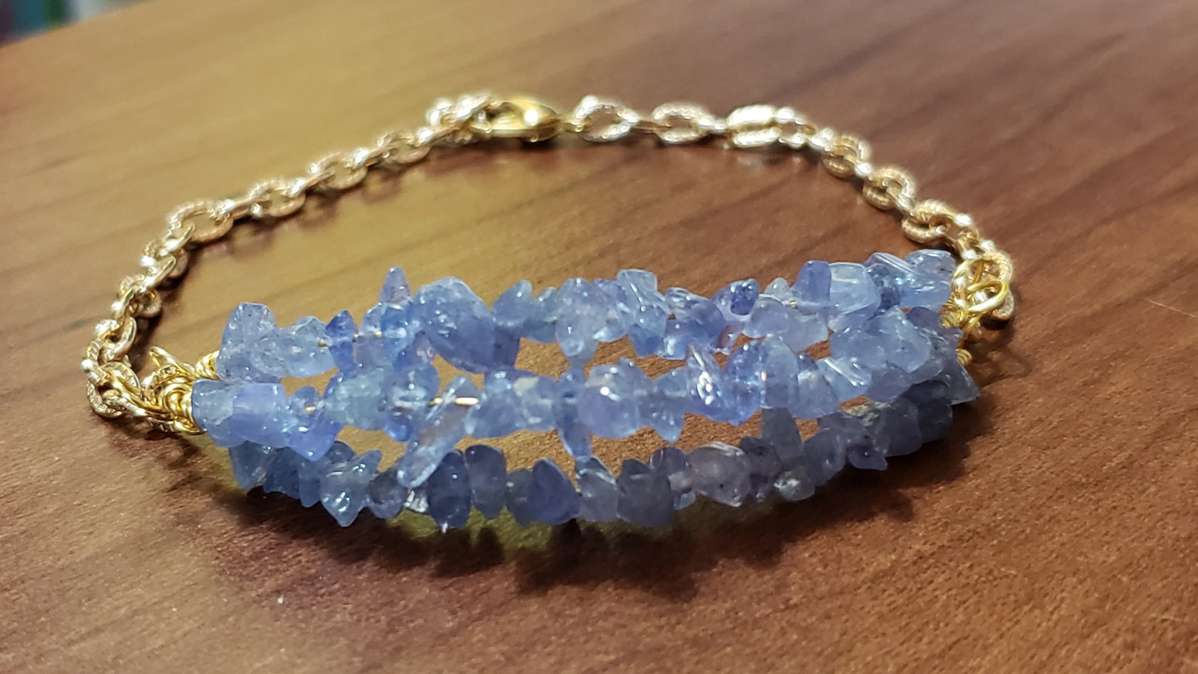 Natural Tanzanite & Gold Tone Chain Bracelet. Triple Strand, Adjustable to 8" with Lobster Claw Clasp