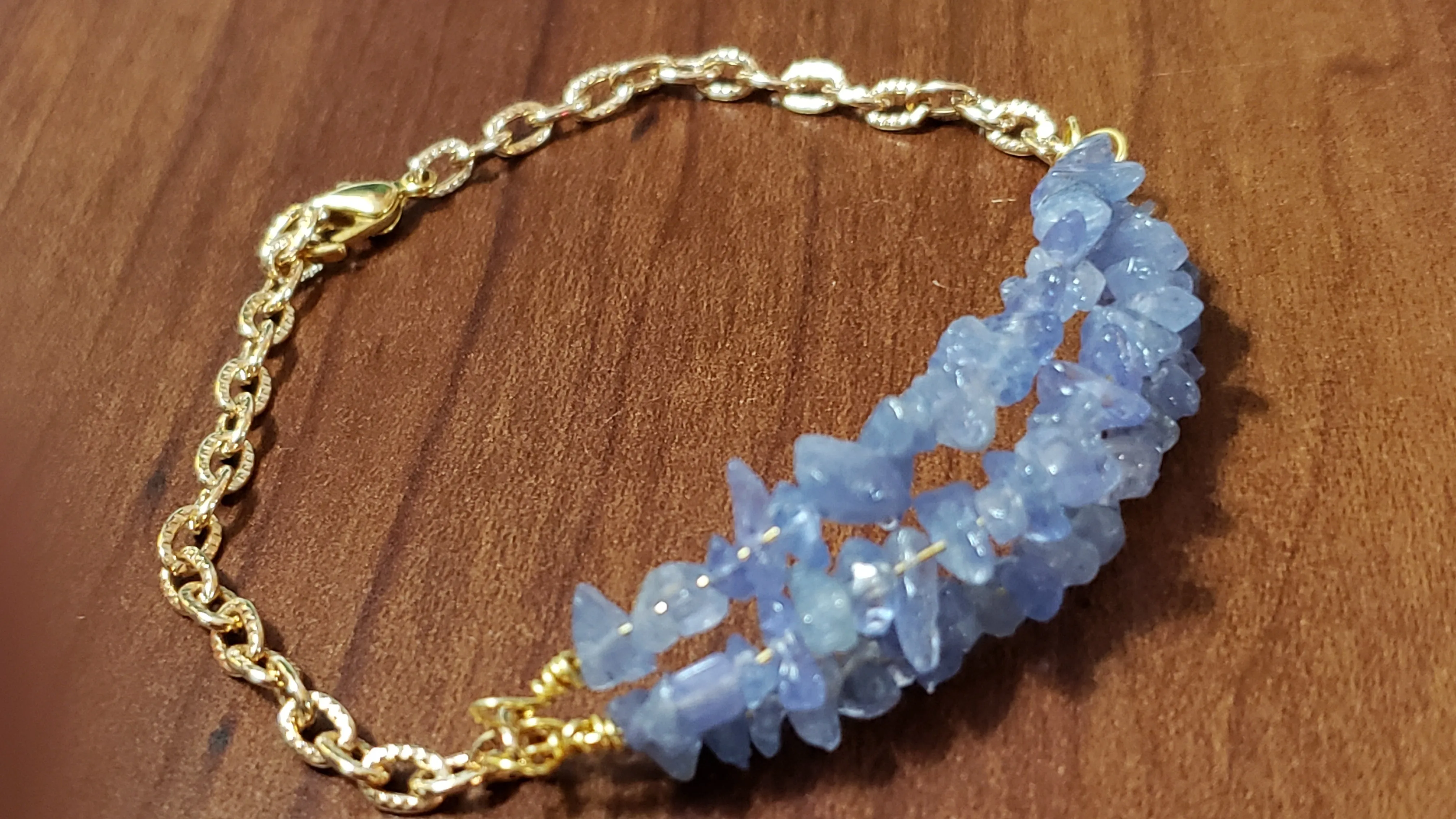 Natural Tanzanite & Gold Tone Chain Bracelet. Triple Strand, Adjustable to 8" with Lobster Claw Clasp