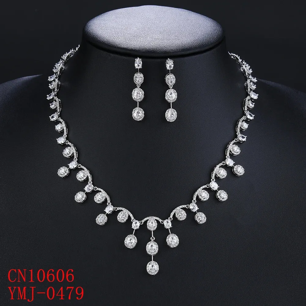 New Design Simple 3A Zircon Drop Shape Women High Quality Party  Wedding Necklace Earring Jewelry Set CN10606