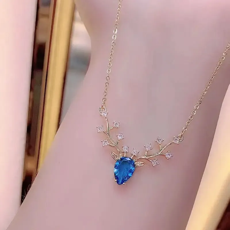 New Zircon Crystal Elk David's Deer Pendant Fashion Chain Necklace Korean Women Charm Clavicle Collar Jewelry Party Girl Gift