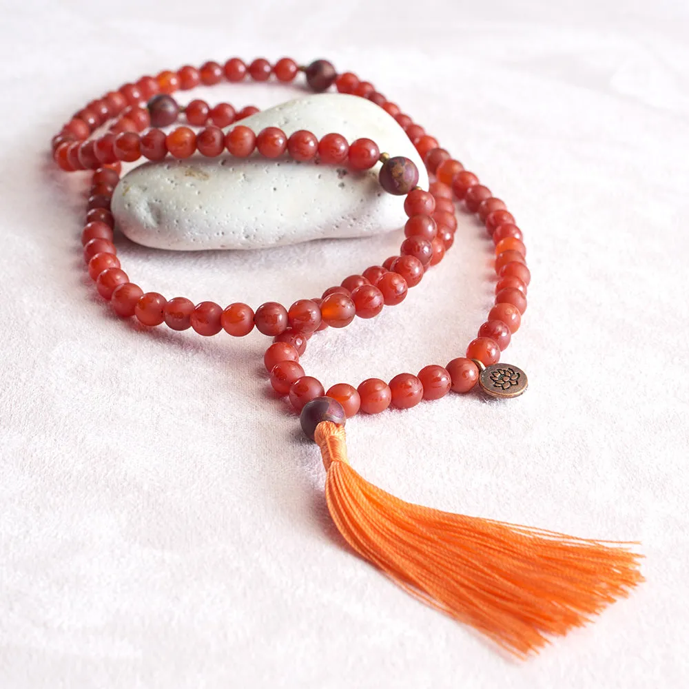 Om Mani Carnelian and Ruby Quartz Mala, 108 bead