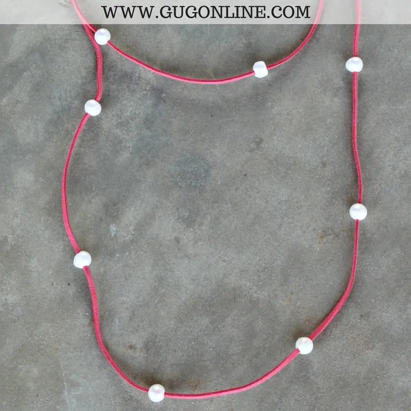 On the Line Long Leather Necklace with Pearls in Coral