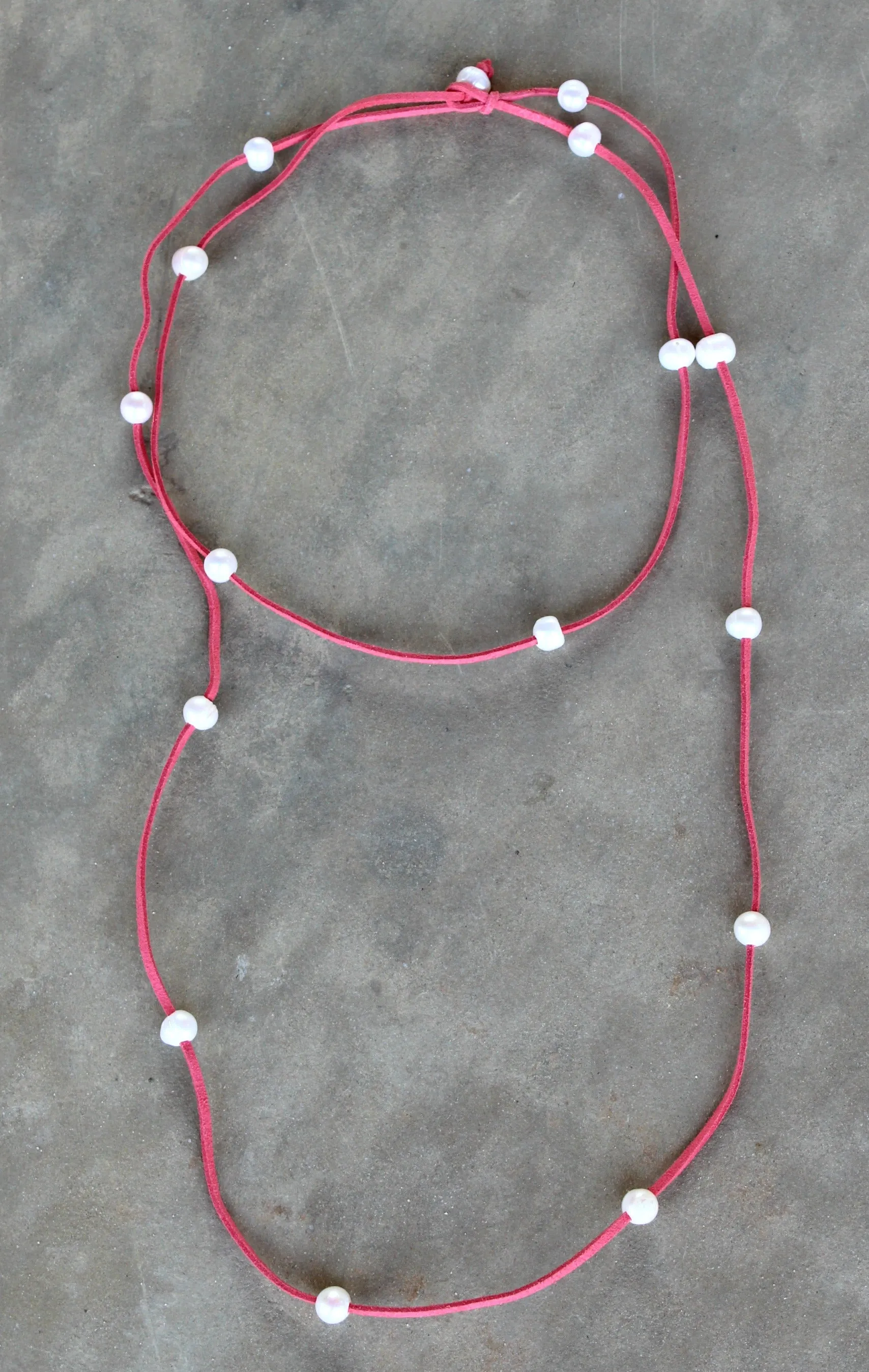 On the Line Long Leather Necklace with Pearls in Coral