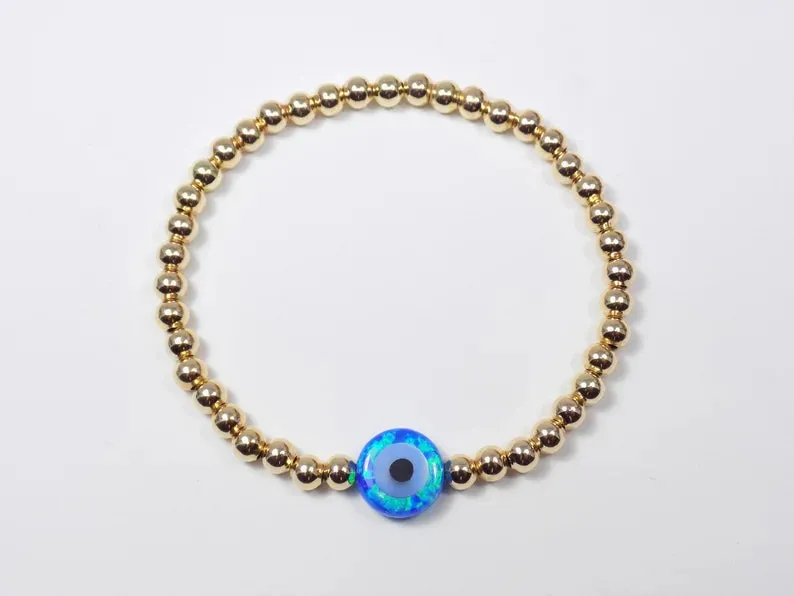 Opal Evil Eye Gold Filled Stretch Beaded Bracelet