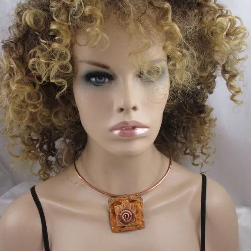 Orange  Choker Necklace Handmade  Raku Pendant Copper Neck Ring