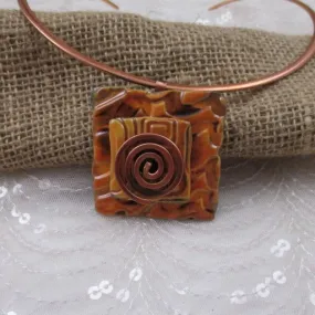 Orange  Choker Necklace Handmade  Raku Pendant Copper Neck Ring