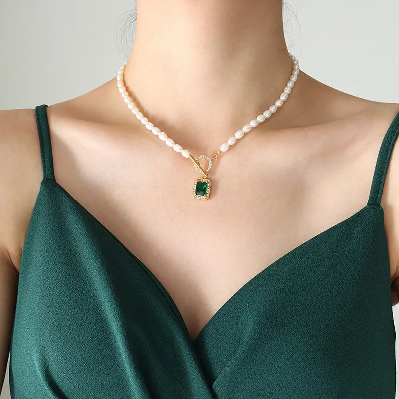 OT Clasp Rectangular Zircon Freshwater Pearl Necklace