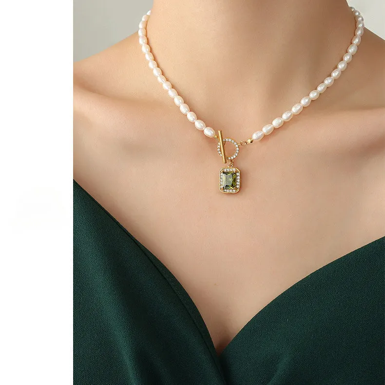 OT Clasp Rectangular Zircon Freshwater Pearl Necklace