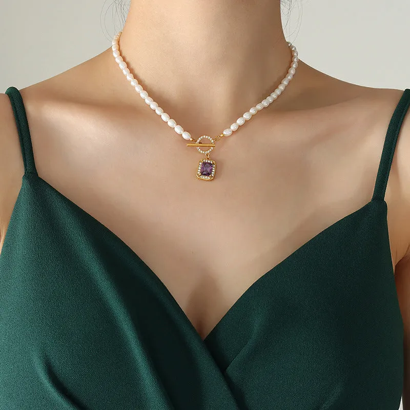 OT Clasp Rectangular Zircon Freshwater Pearl Necklace