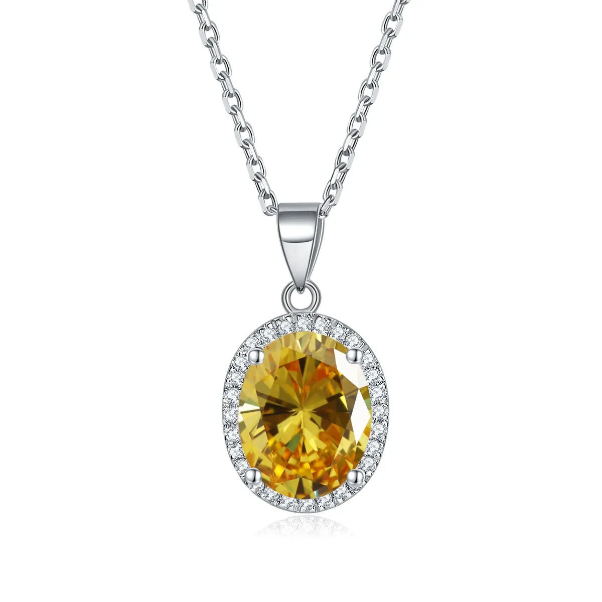 Oval Zircon Soleste Halo Pendant Silver Necklace for Women