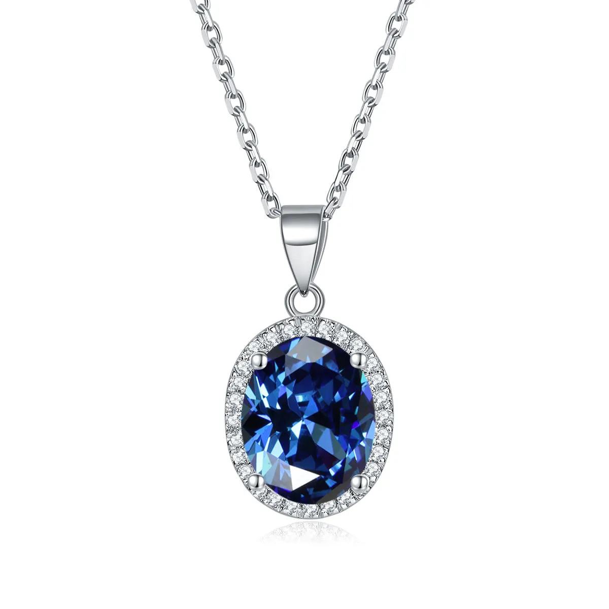 Oval Zircon Soleste Halo Pendant Silver Necklace for Women