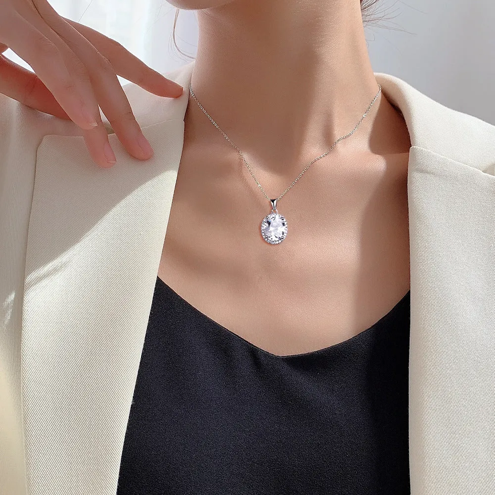 Oval Zircon Soleste Halo Pendant Silver Necklace for Women