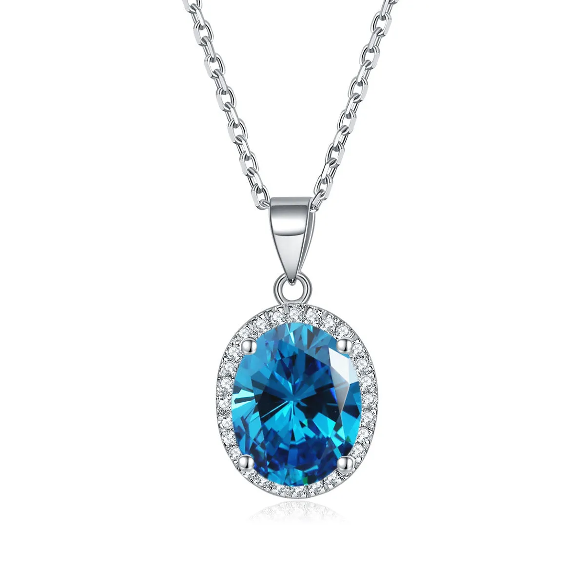 Oval Zircon Soleste Halo Pendant Silver Necklace for Women