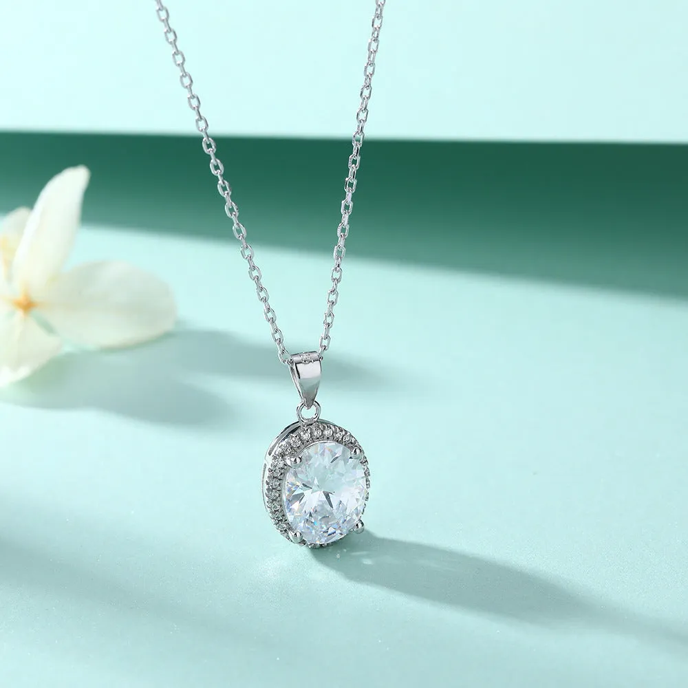 Oval Zircon Soleste Halo Pendant Silver Necklace for Women