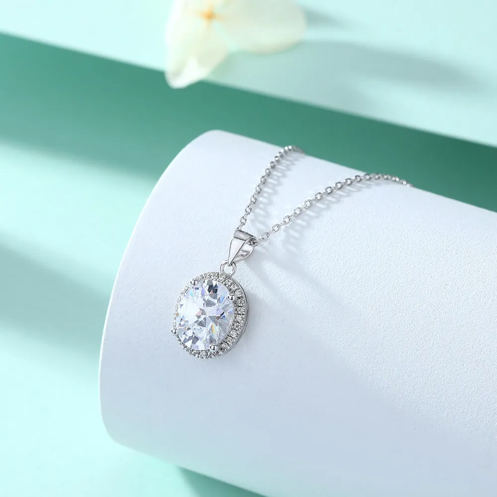 Oval Zircon Soleste Halo Pendant Silver Necklace for Women