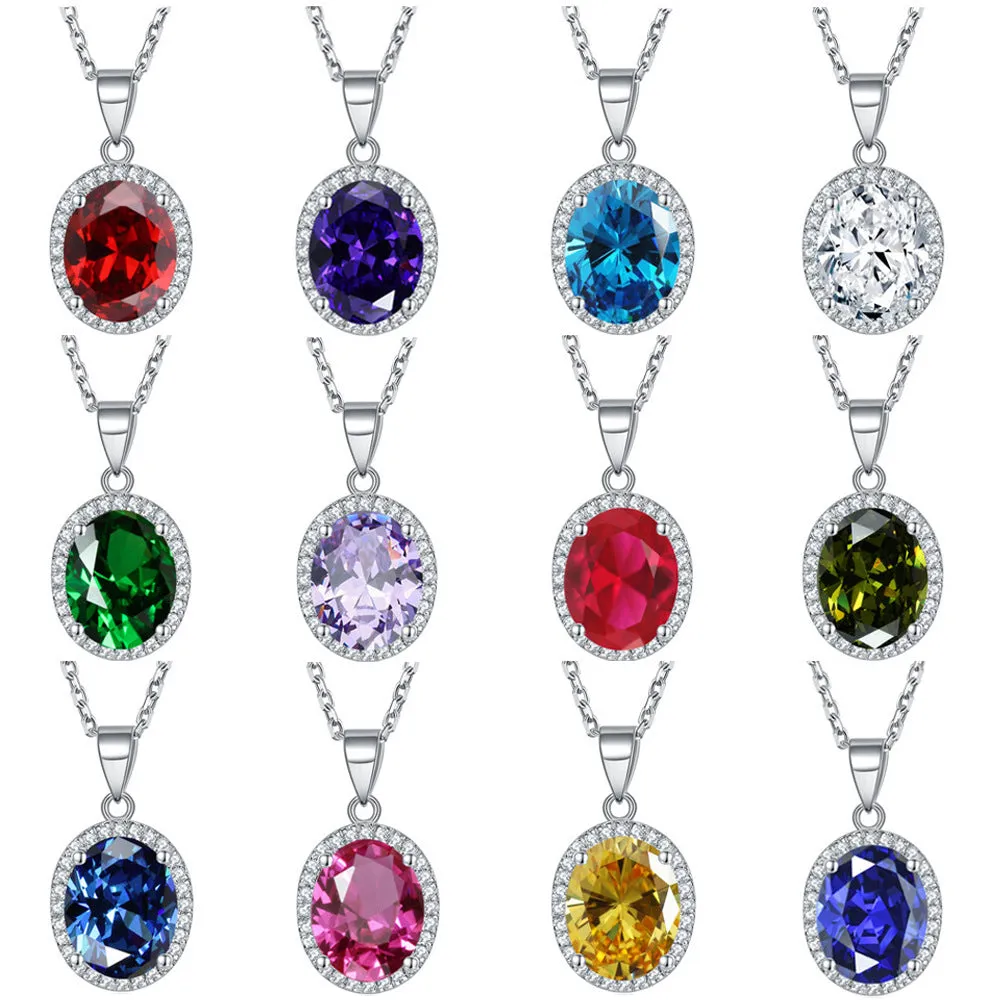 Oval Zircon Soleste Halo Pendant Silver Necklace for Women