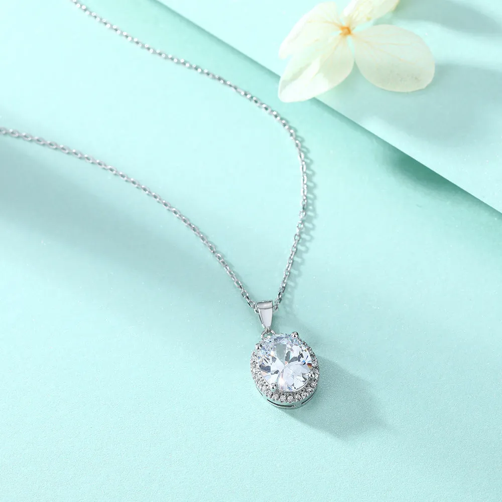 Oval Zircon Soleste Halo Pendant Silver Necklace for Women